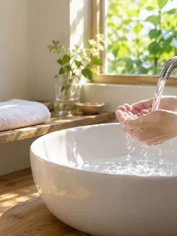 夏の明るい洗面所で水をすくう手元