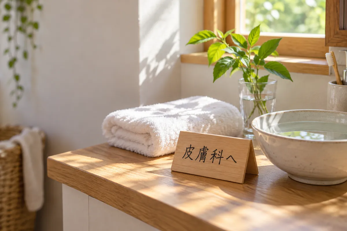 「皮膚科へ」と書かれた木の札と白いタオル