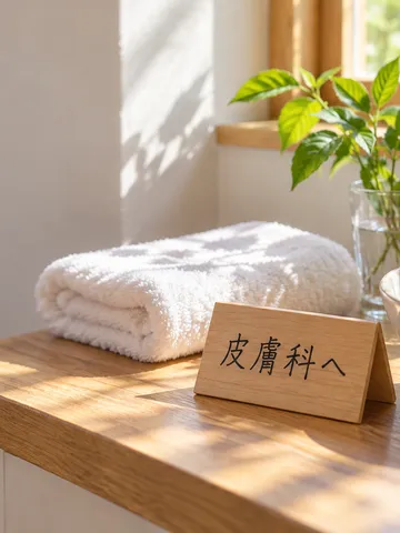 「皮膚科へ」と書かれた木の札と白いタオル