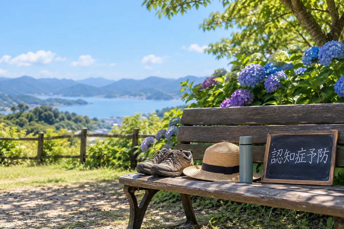 紫陽花のそばのベンチに置かれた散歩靴と黒板