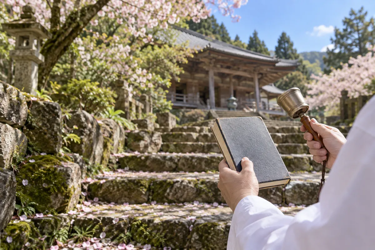 桜の散る参道で納経帳を持つ巡礼者の手元