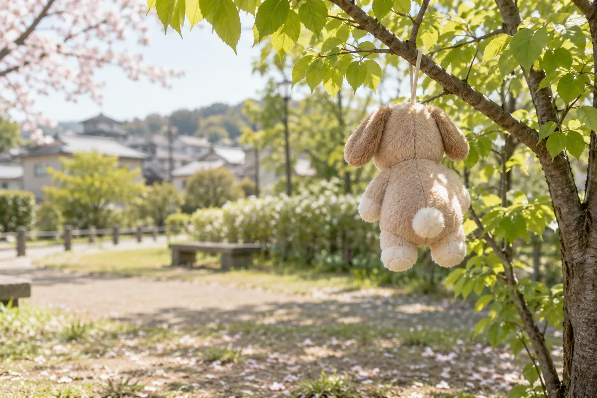公園の木の枝にかかった動物のぬいぐるみ