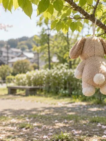 公園の木の枝にかかった動物のぬいぐるみ