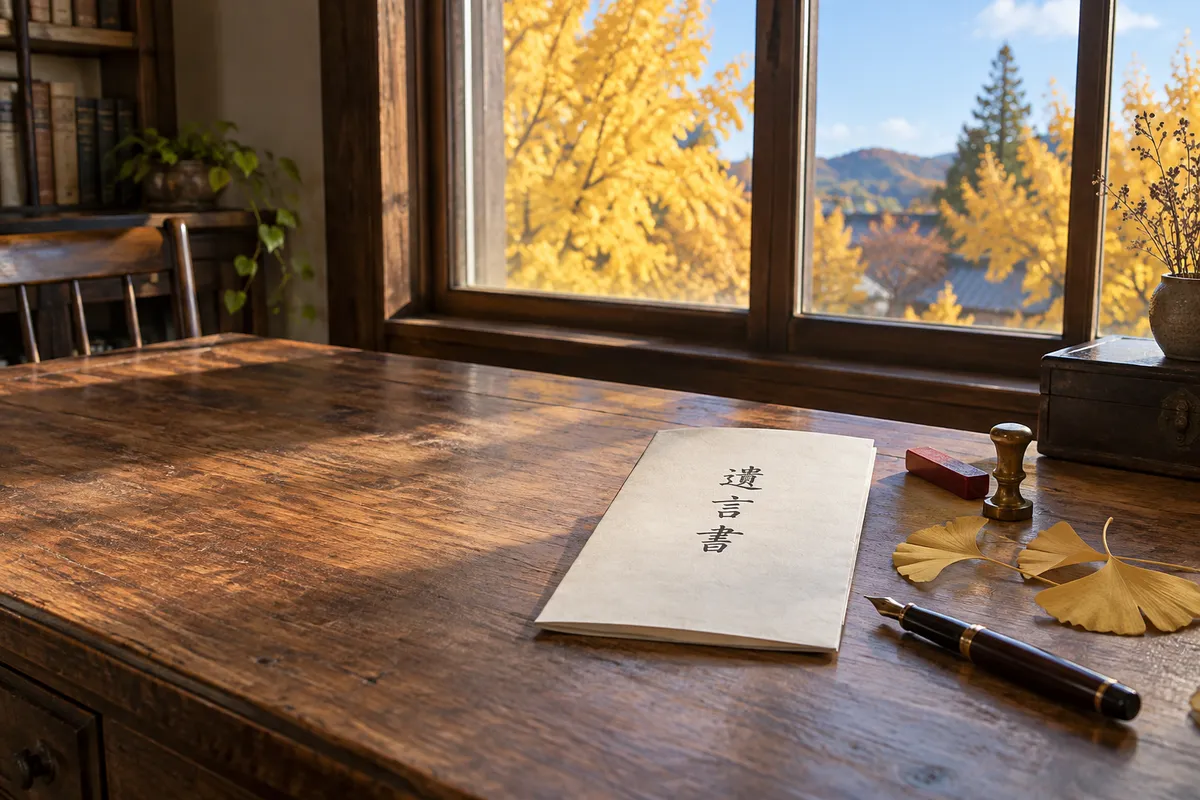 遺言書と万年筆が置かれた書斎の机