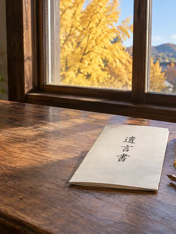遺言書と万年筆が置かれた書斎の机