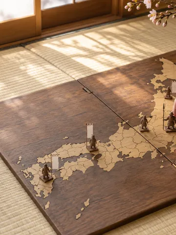 畳の上の戦国時代の地図と木の武将人形