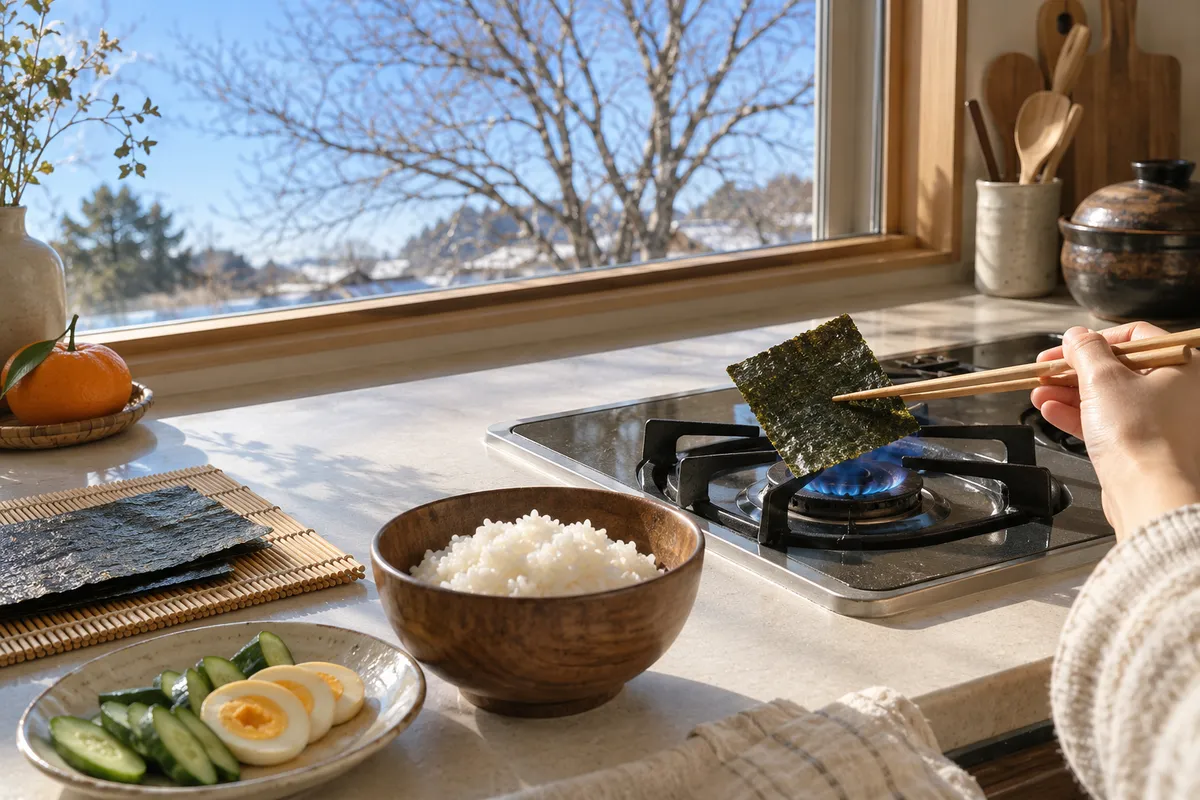 手巻きずしの具と、火であぶる海苔の手元