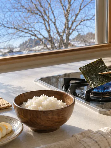 手巻きずしの具と、火であぶる海苔の手元