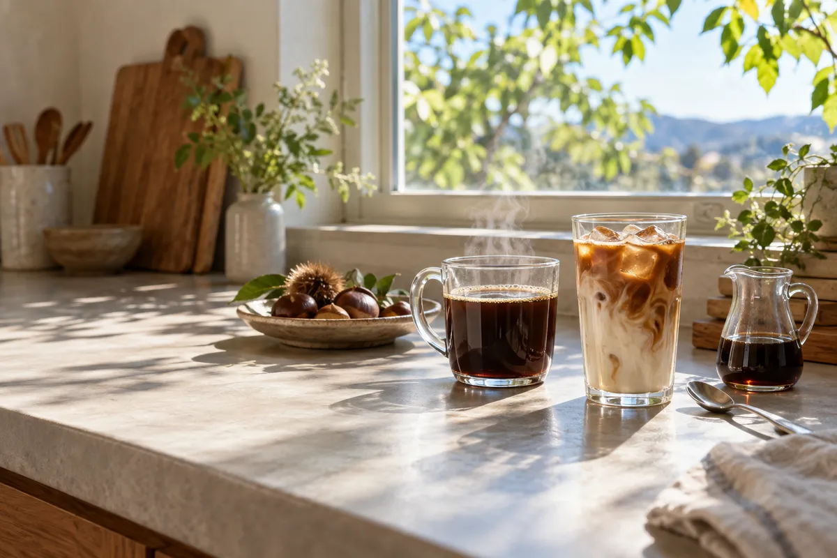 ホットとアイスの2杯のコーヒーが並ぶ台所