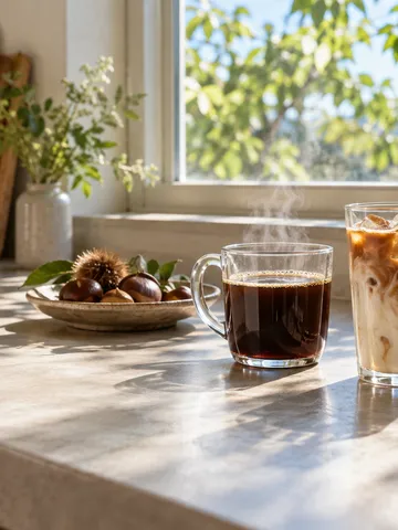 ホットとアイスの2杯のコーヒーが並ぶ台所