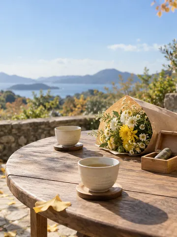 秋の日なたのテーブルに並ぶ三つの茶碗と花束と印鑑