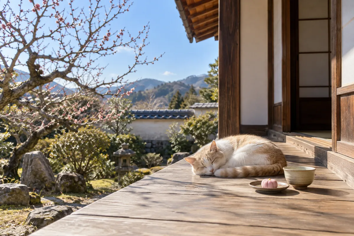 縁側で日向ぼっこをする猫と庭の梅のつぼみ
