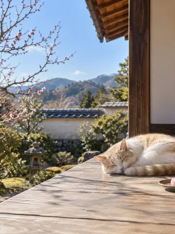 縁側で日向ぼっこをする猫と庭の梅のつぼみ
