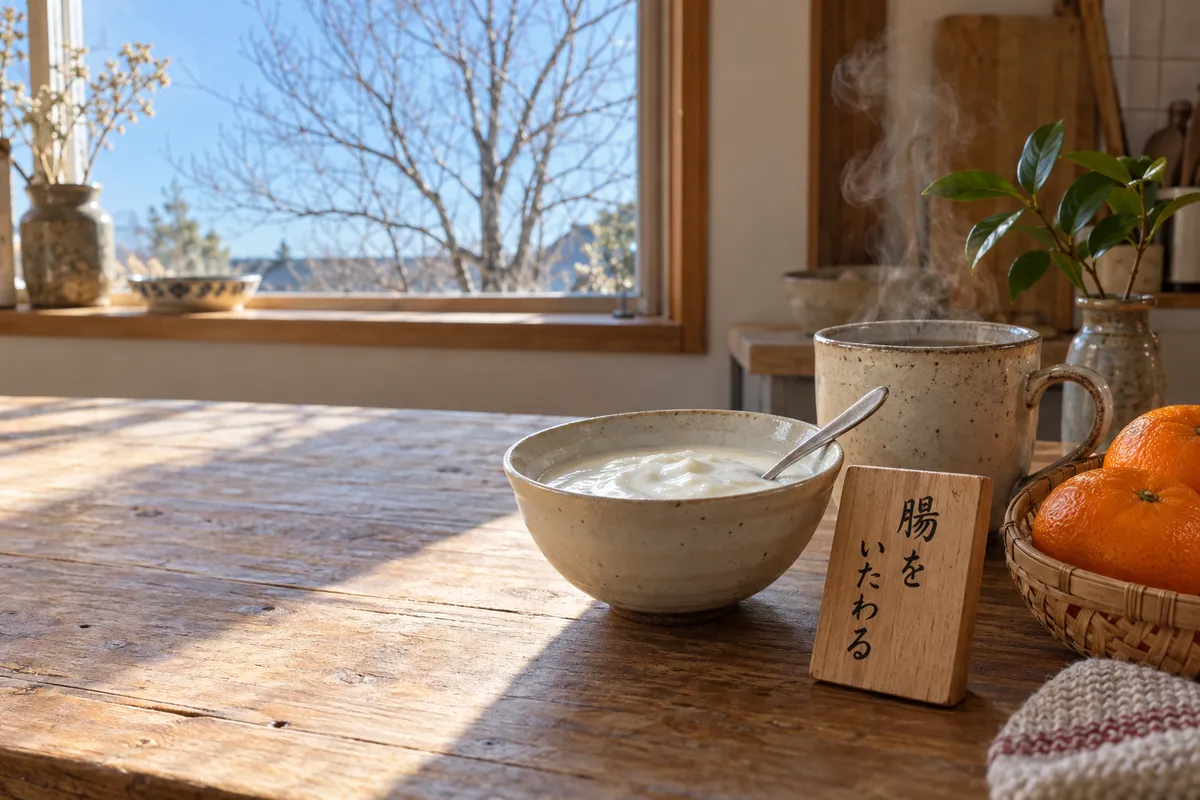 冬の台所のヨーグルトと白湯、「腸をいたわる」の木札
