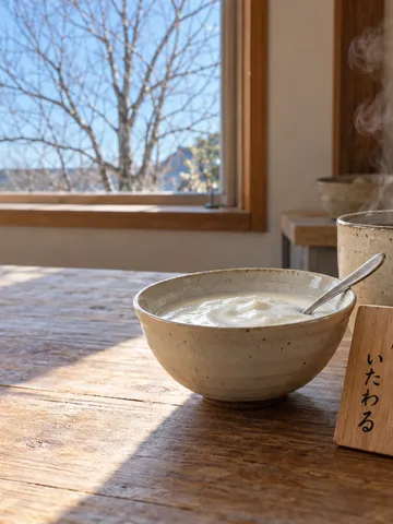 冬の台所のヨーグルトと白湯、「腸をいたわる」の木札