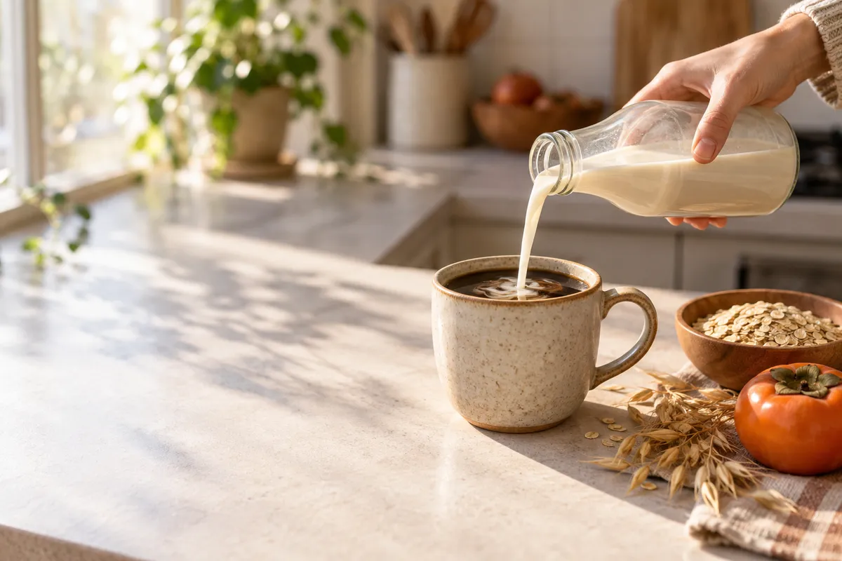 台所でコーヒーにオーツミルクを注ぐ手元