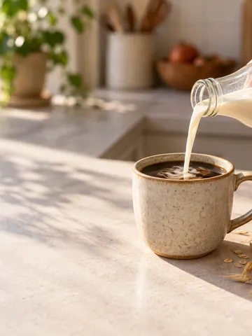 台所でコーヒーにオーツミルクを注ぐ手元