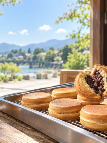 屋台の鉄板で焼き上がった丸いあんこ入りのお菓子