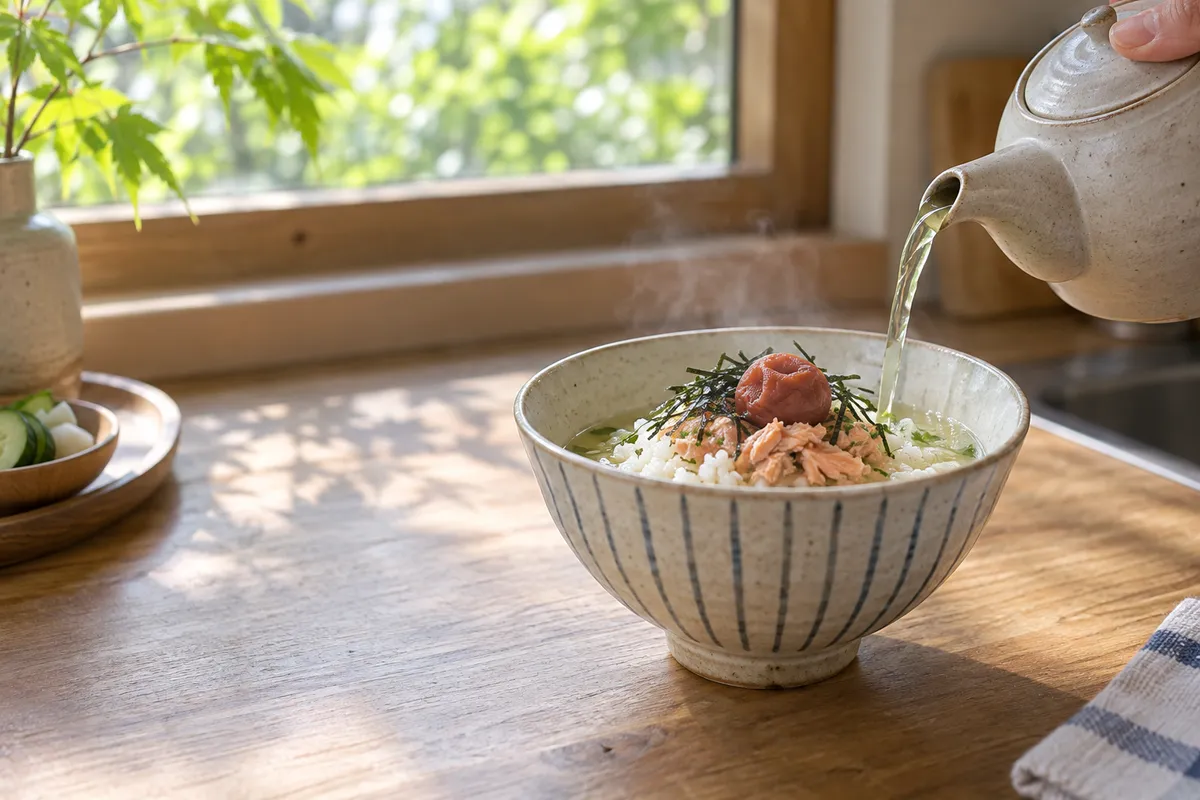 急須から煎茶を注ぐお茶漬けの器
