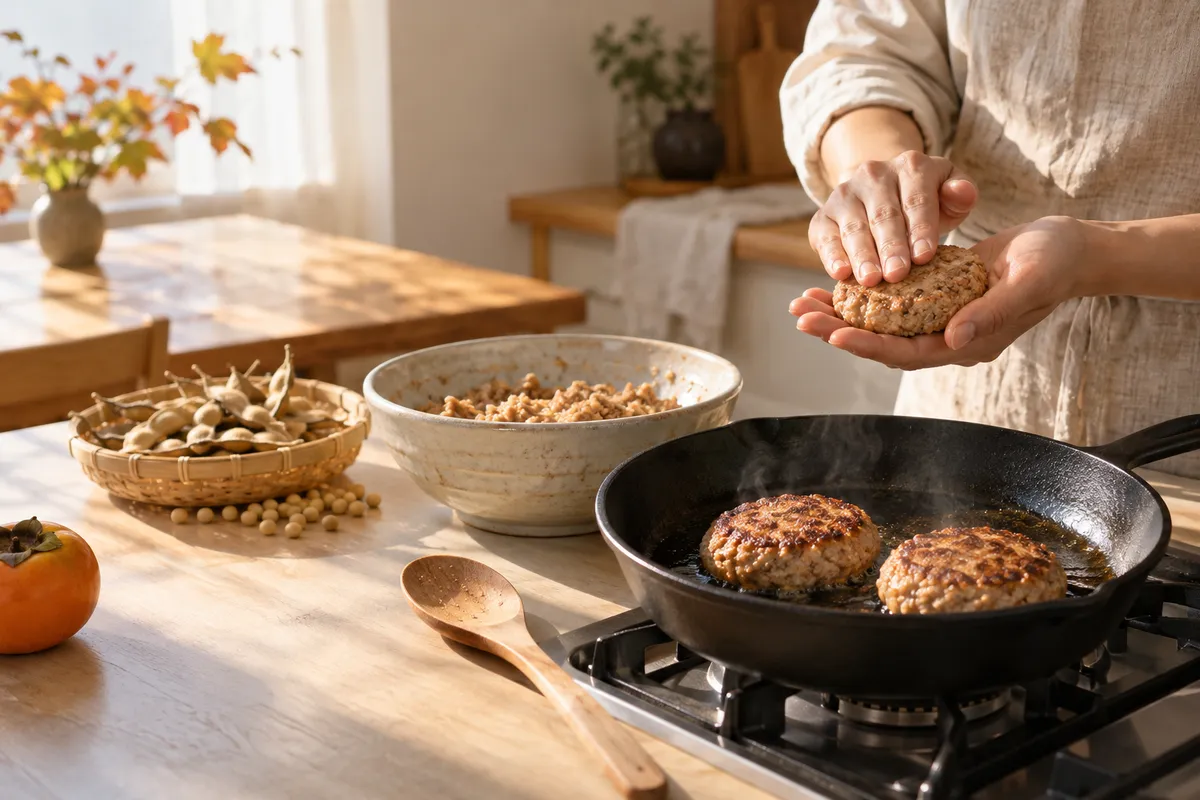 フライパンで焼く大豆ミートのハンバーグと大豆のさや