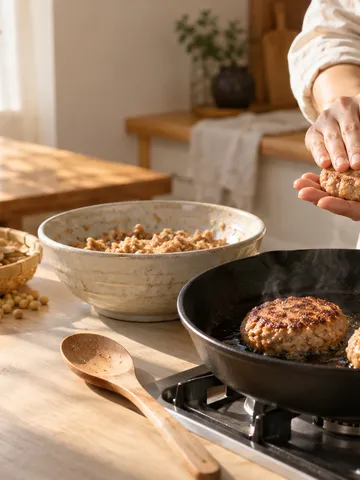フライパンで焼く大豆ミートのハンバーグと大豆のさや