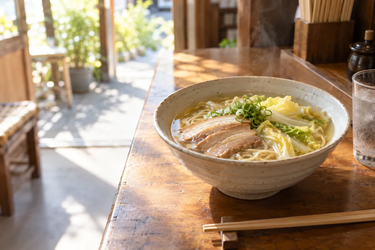 白菜と豚バラ肉の入った湯気立つラーメン