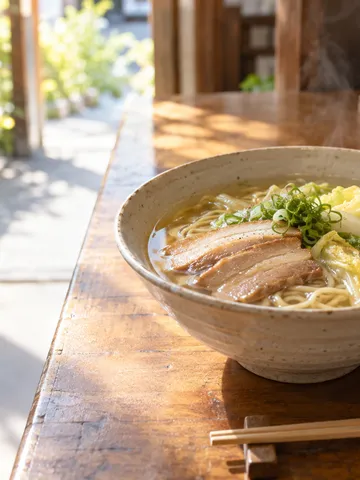 白菜と豚バラ肉の入った湯気立つラーメン