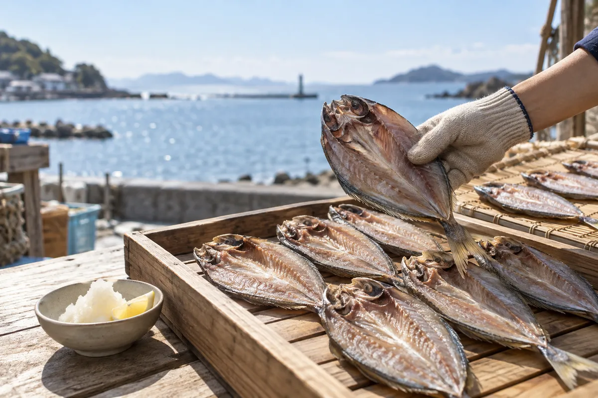 魚屋の店先に並ぶアイゴの干物と手元