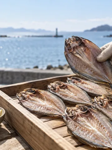 魚屋の店先に並ぶアイゴの干物と手元