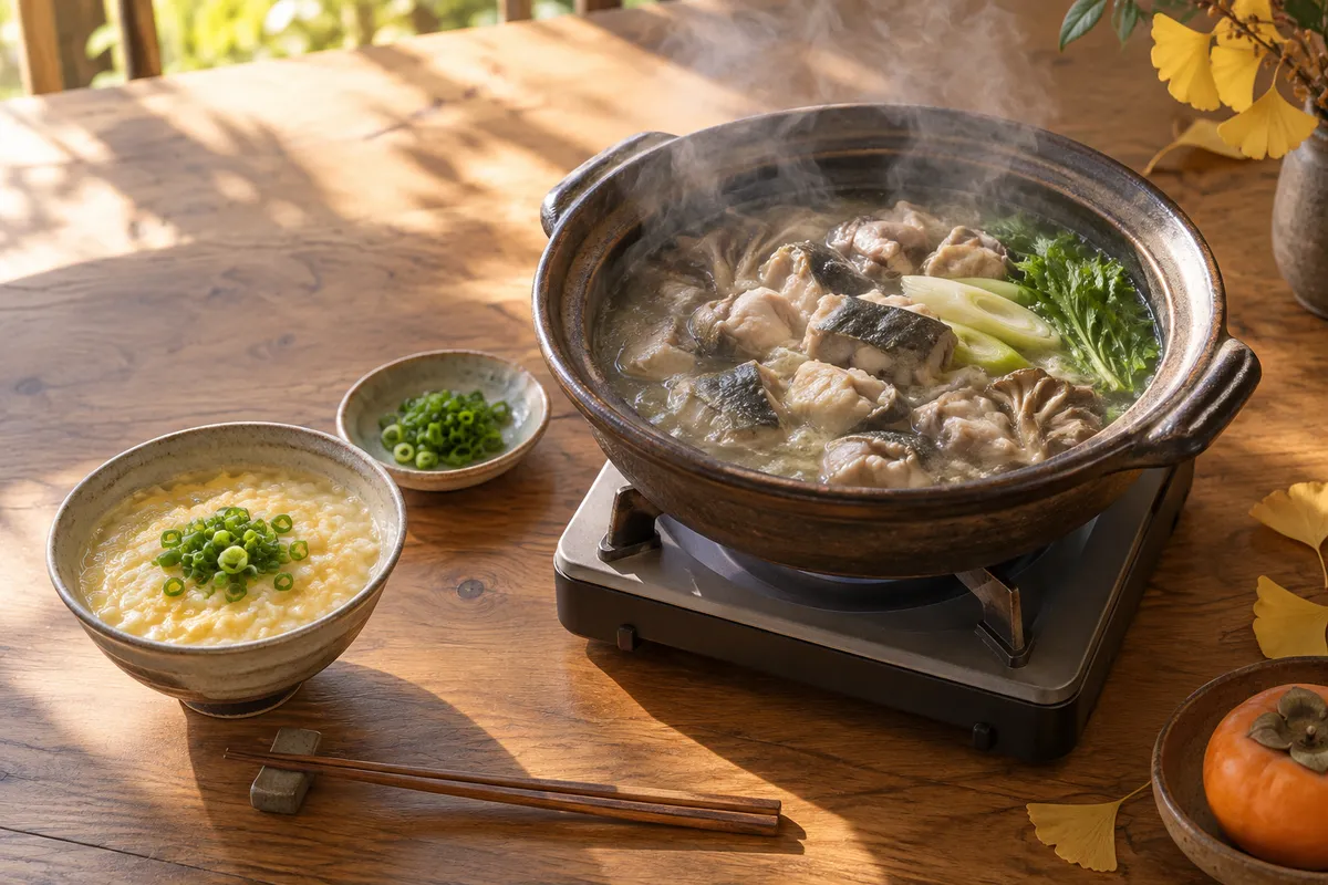 湯気の立つすっぽん鍋と雑炊の食卓