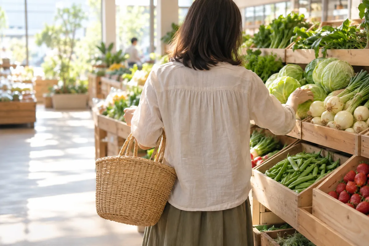 スーパーの青果売り場に並ぶ春野菜と買い物客の後ろ姿