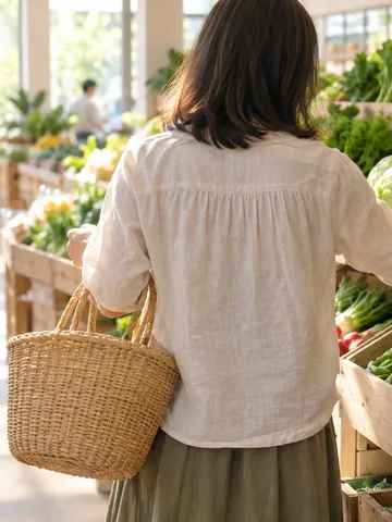 スーパーの青果売り場に並ぶ春野菜と買い物客の後ろ姿