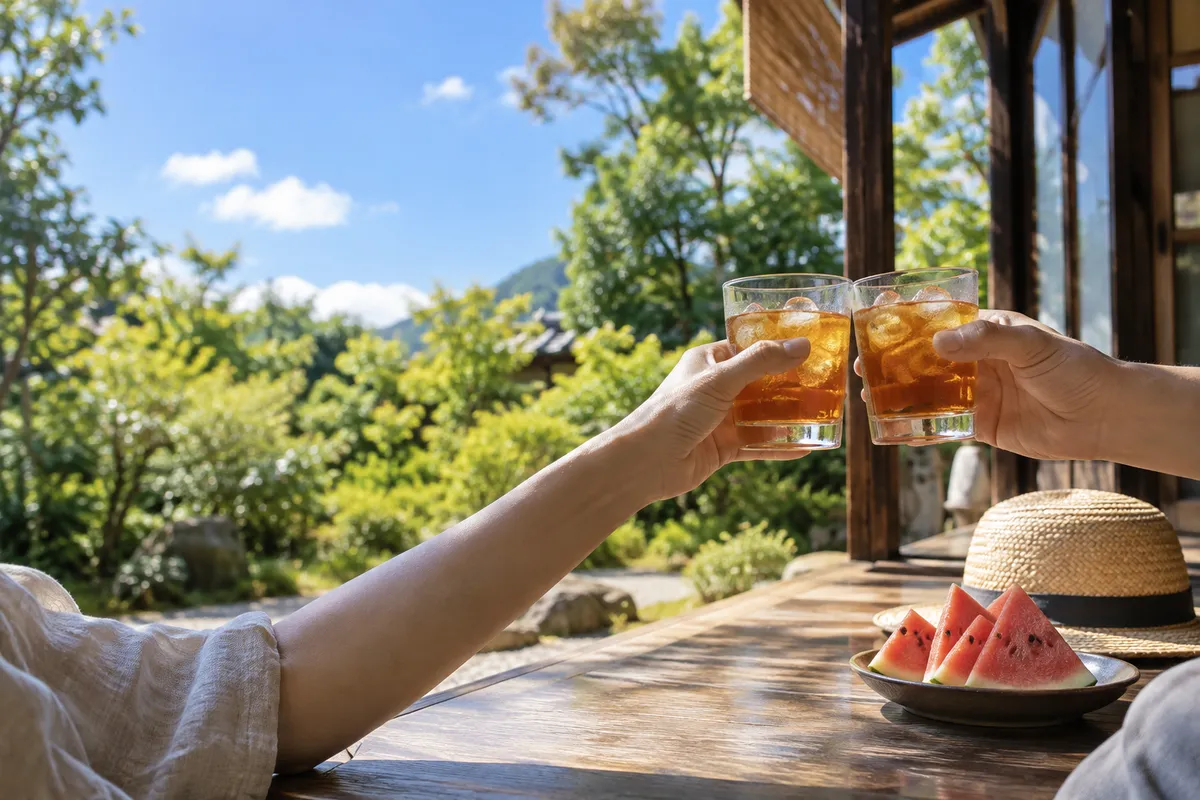 縁側で麦茶のグラスを乾杯する手元
