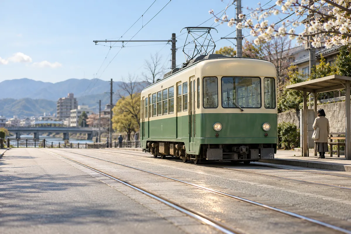 早春の街なかを走る路面電車と停留場