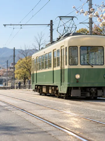 早春の街なかを走る路面電車と停留場