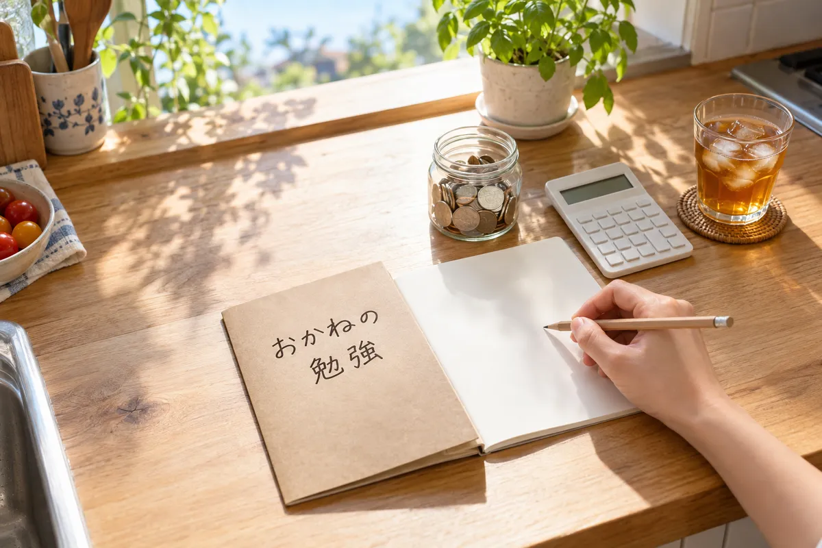 「おかねの勉強」のノートと小銭の瓶がある台所