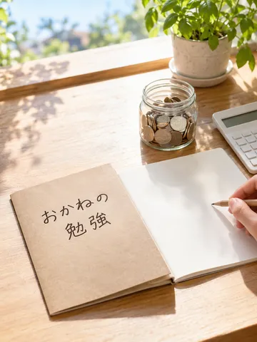 「おかねの勉強」のノートと小銭の瓶がある台所