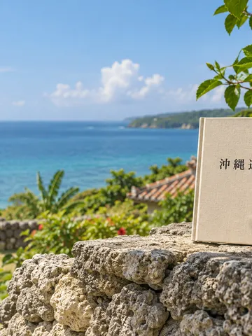 琉球石灰岩の塀に置かれた「沖縄返還」の本とハイビスカス