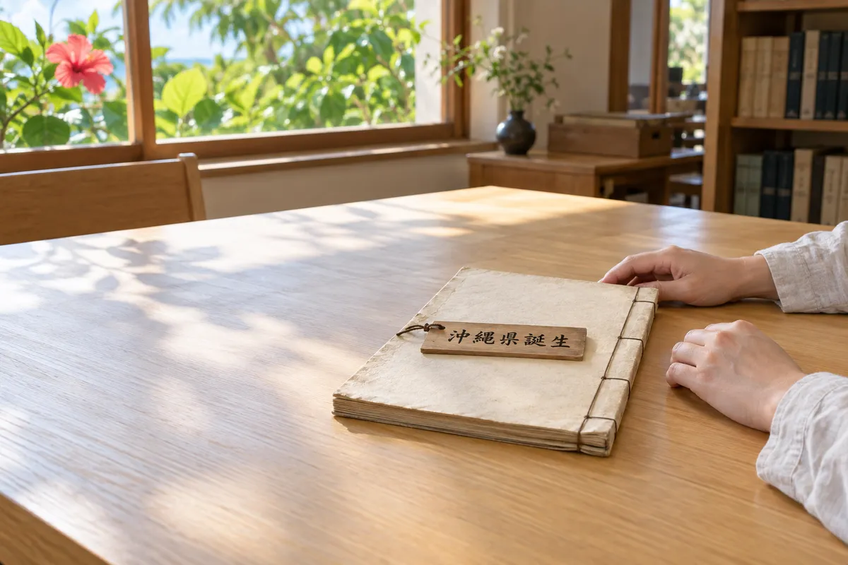 「沖縄県誕生」の木札を添えた古い和綴じの書類