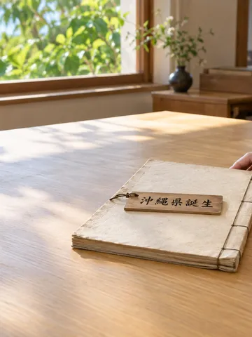 「沖縄県誕生」の木札を添えた古い和綴じの書類