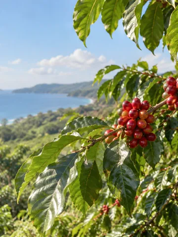 日差しを浴びる赤いコーヒーの実と枝