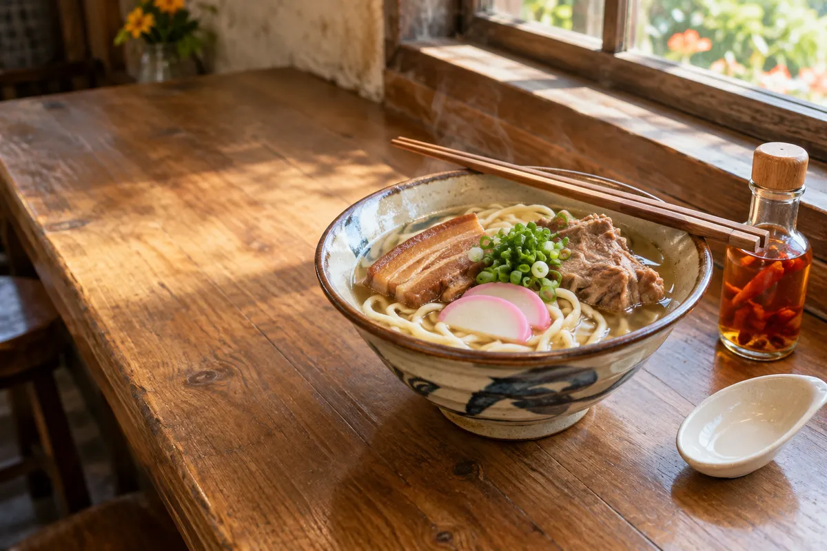 三枚肉とソーキをのせた湯気の立つ沖縄そば