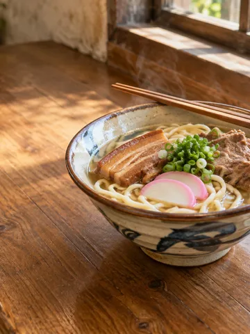 三枚肉とソーキをのせた湯気の立つ沖縄そば