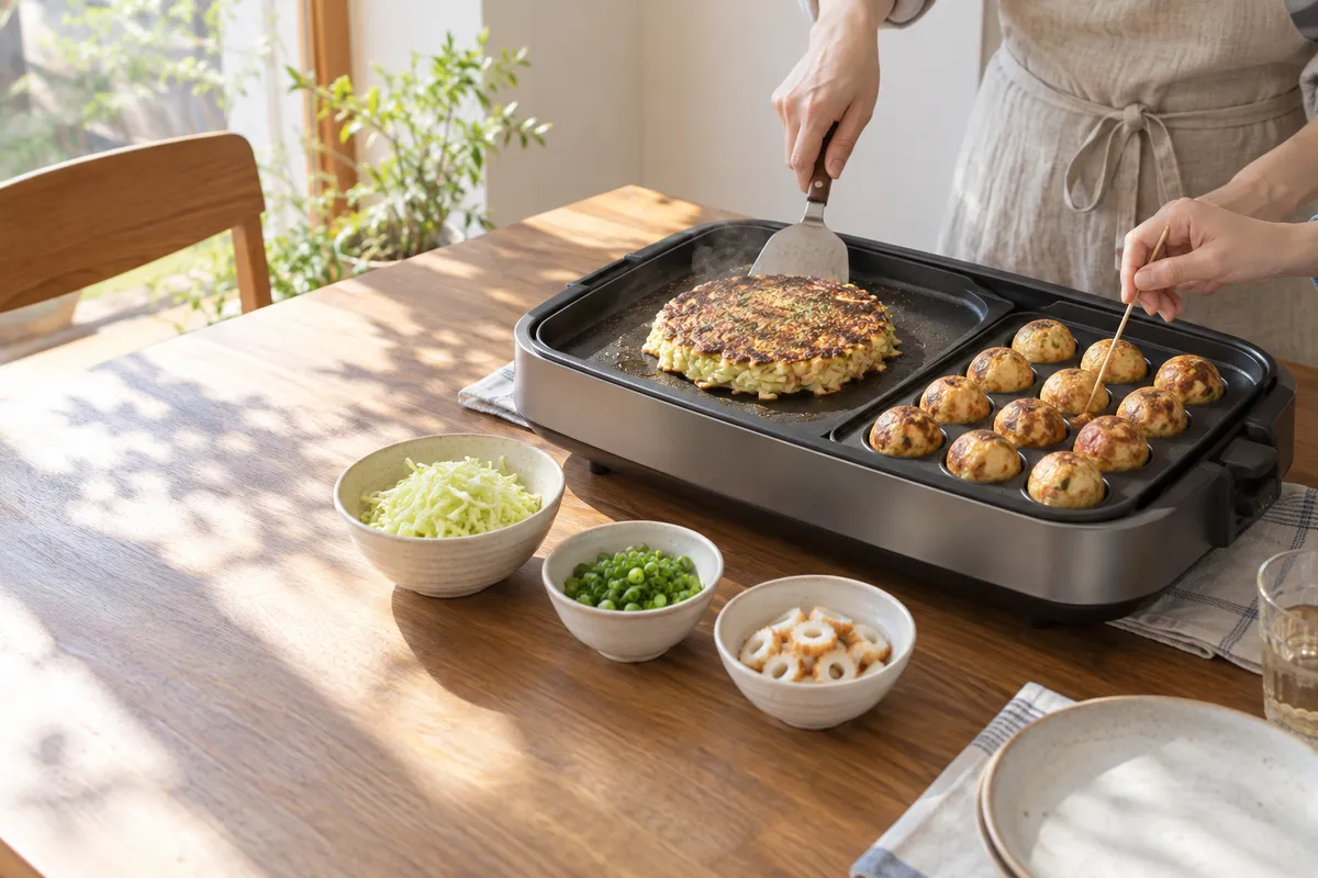ホットプレートでお好み焼きとたこ焼きを焼く食卓