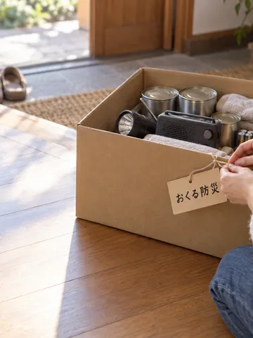 防災用品を詰めた箱に「おくる防災」の札を付ける手元