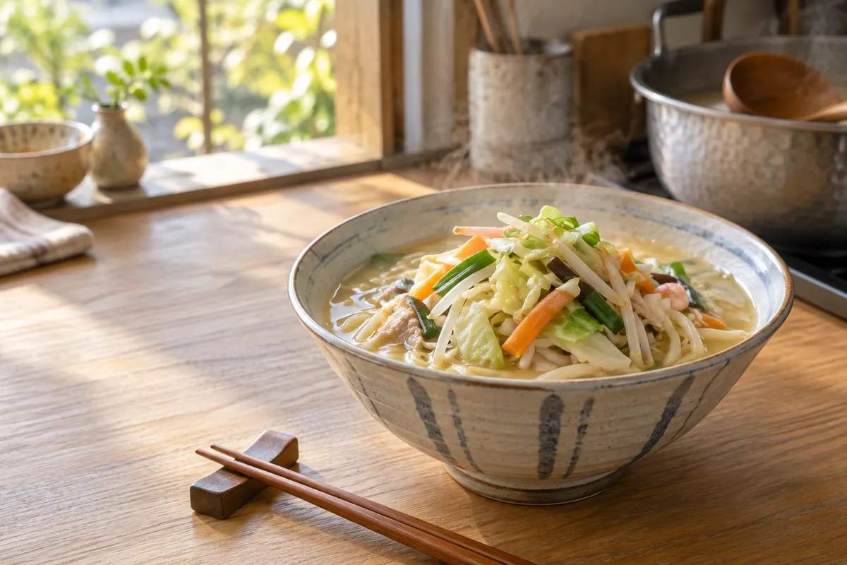 野菜たっぷりのちゃんぽん麺と湯気の立つ台所