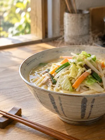 野菜たっぷりのちゃんぽん麺と湯気の立つ台所