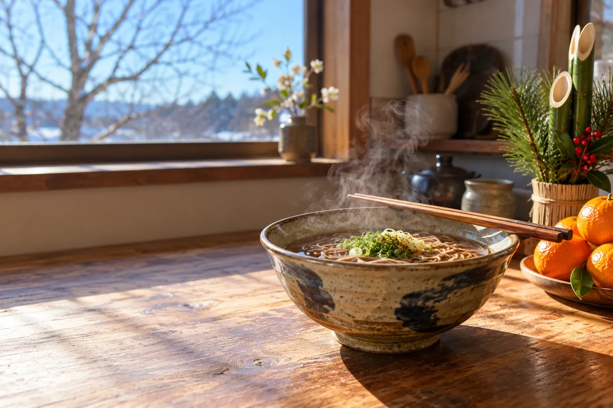 湯気の立つ年越しそばと冬の台所