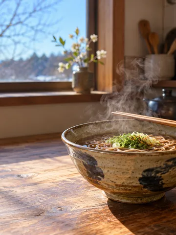 湯気の立つ年越しそばと冬の台所