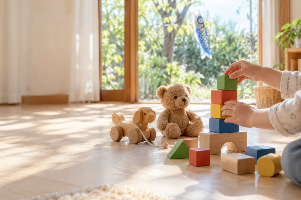 日なたの床で積み木を重ねる子どもの手